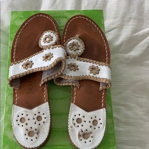 Jack Rogers white and tan slides